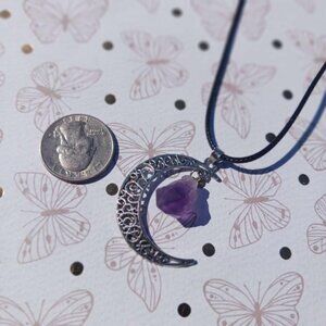 Amethyst moon Pendant necklace Handmade on a black cord